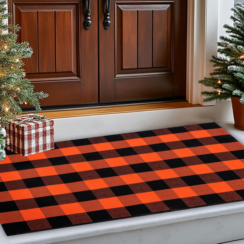 euoloart Buffalo Plaid Orange Black Doormat, 27.5x43 inch Washable Outdoor Mat for Front Porch Entryway