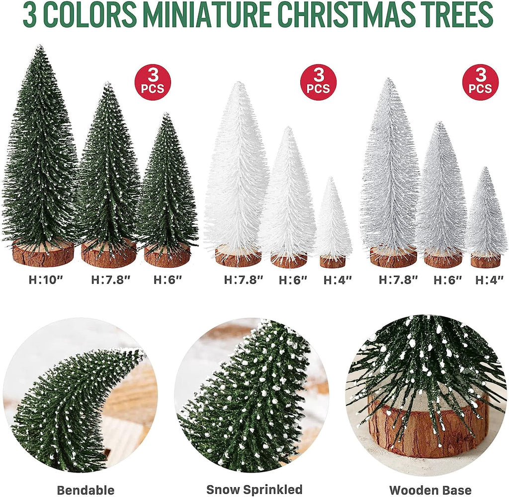 Ayieyill 9Pcs Mini Christmas Trees Christmas Decor Artificial Christmas Decorations with 4 Sizes, Christmas Tree Bottle Brush Trees Christmas Table Decorations (Pink+White)