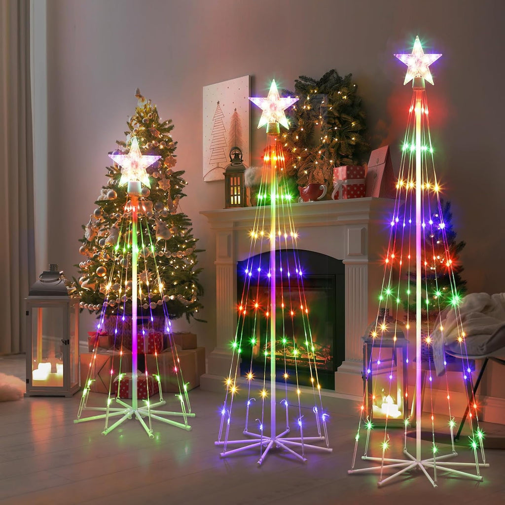 BTY KA 3-piece LED outdoor Christmas tree light show decoration, external lighting conical Christmas decoration with star decoration, courtyard porch backyard terrace,3 feet 4 feet 5 feet