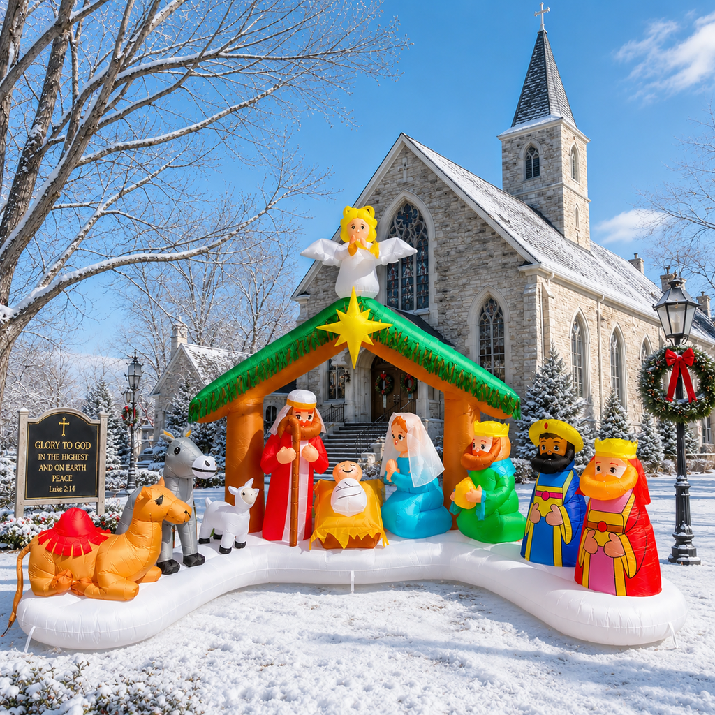 Wondiair 12FT Christmas Inflatable Nativity Scene with LED Lights for Outdoor Yard and Church Decor