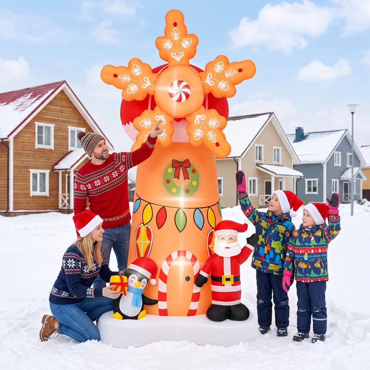 Firstness 7.7Ft High Christmas Inflatables Spinning Windmill with Santa and Penguin, Christmas Blow ups with LED Lights, Outdoor Yard Decoration