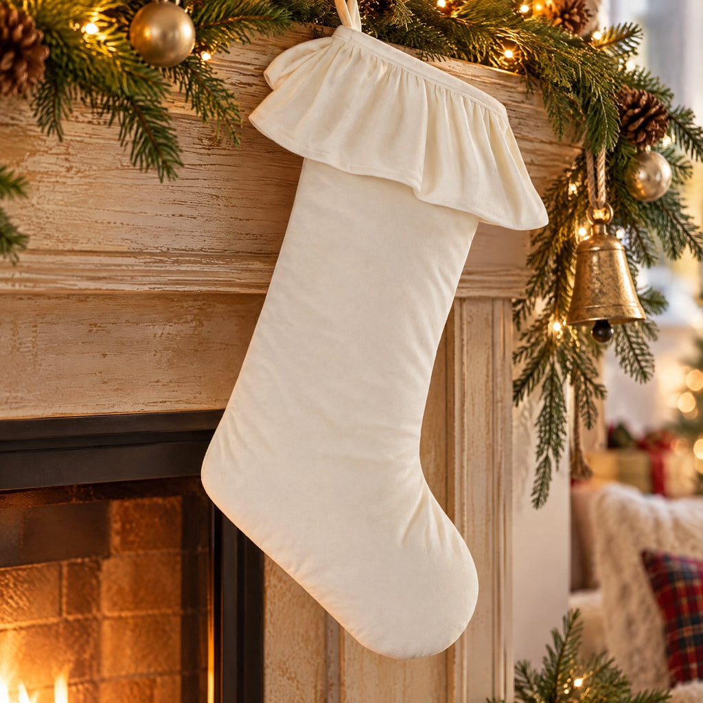 My Texas House Ruffle Christmas Stocking, Ivory, 20"