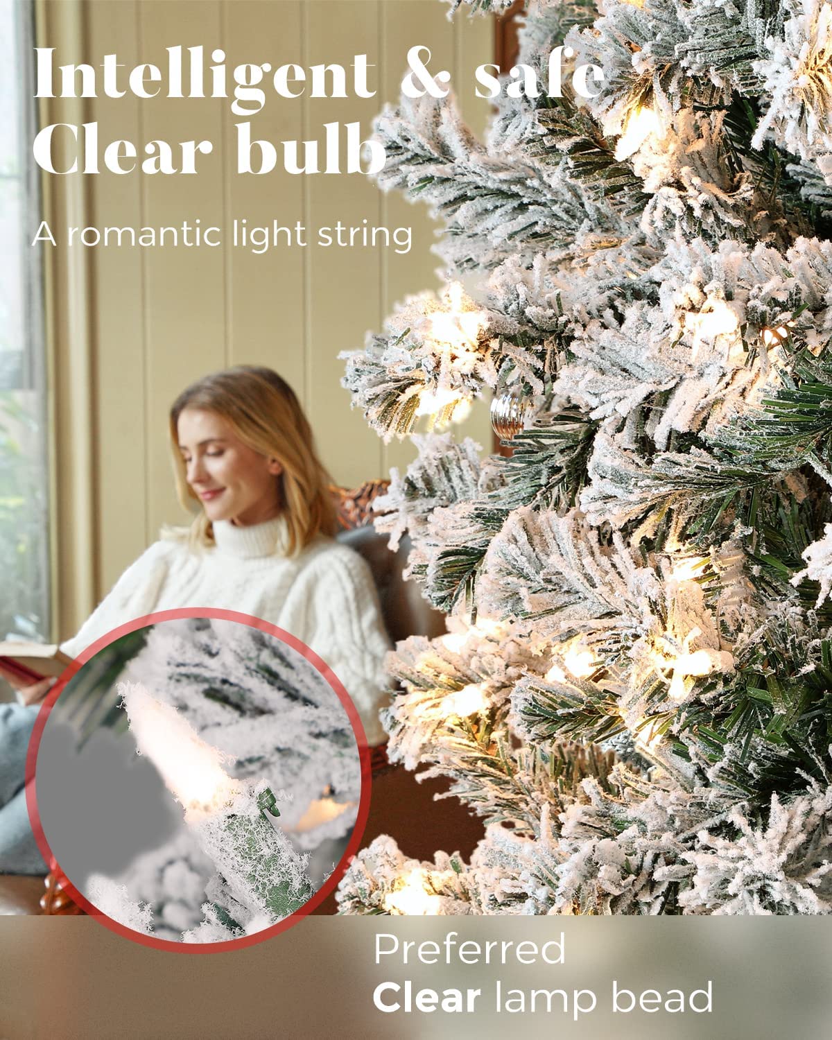 OasisCraft 9ft Pre-Lit Snow Flocked Artificial Pencil Christmas Tree with 450 Clear Lights, Hinged Snowy Slim Xmas Tree Outdoor for Festive Holiday Decor