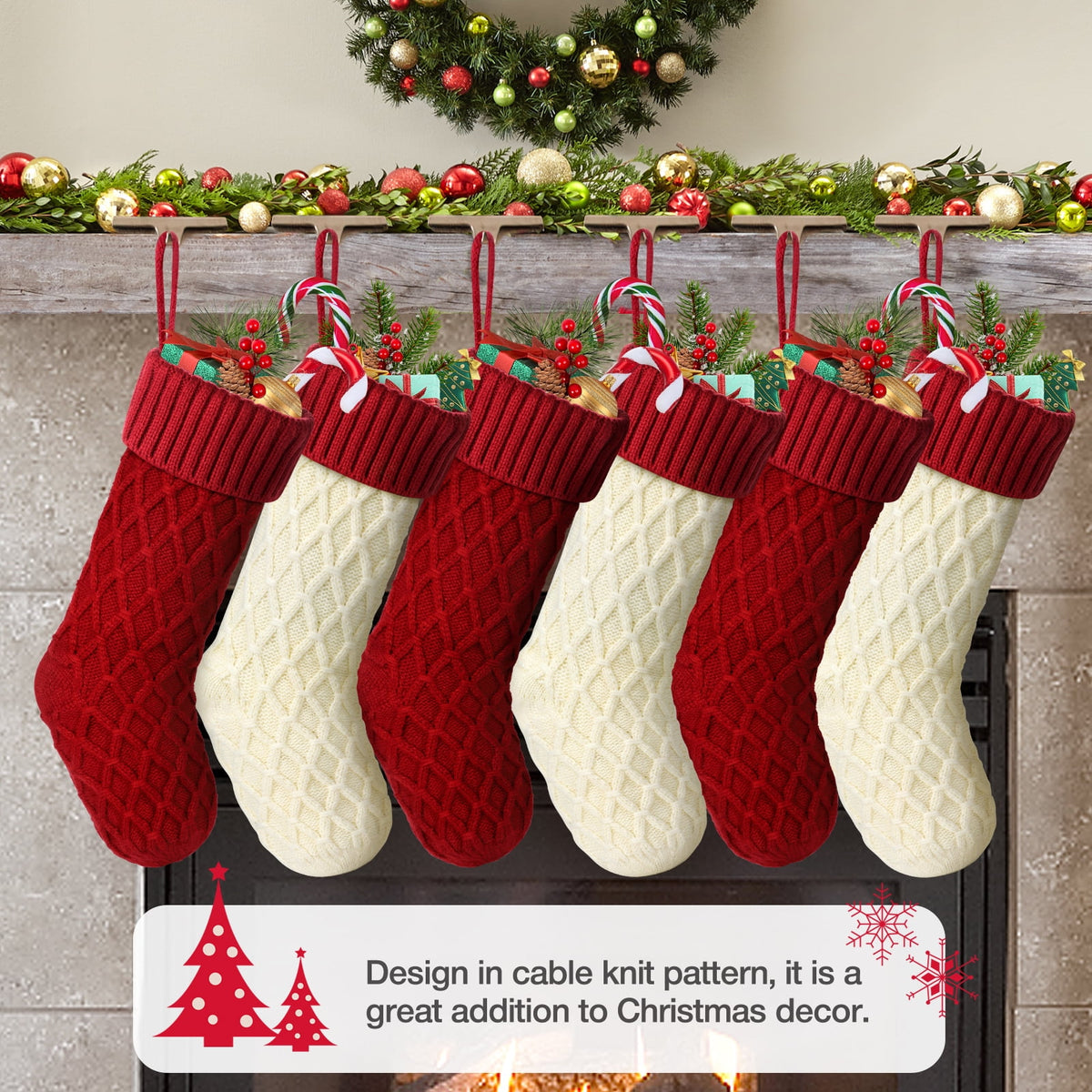 Ayieyill 6pcs Christmas Stockings Large Knitted Xmas Stockings 18 Inches Fireplace Hanging Stockings for Family Holiday Christmas Decoration