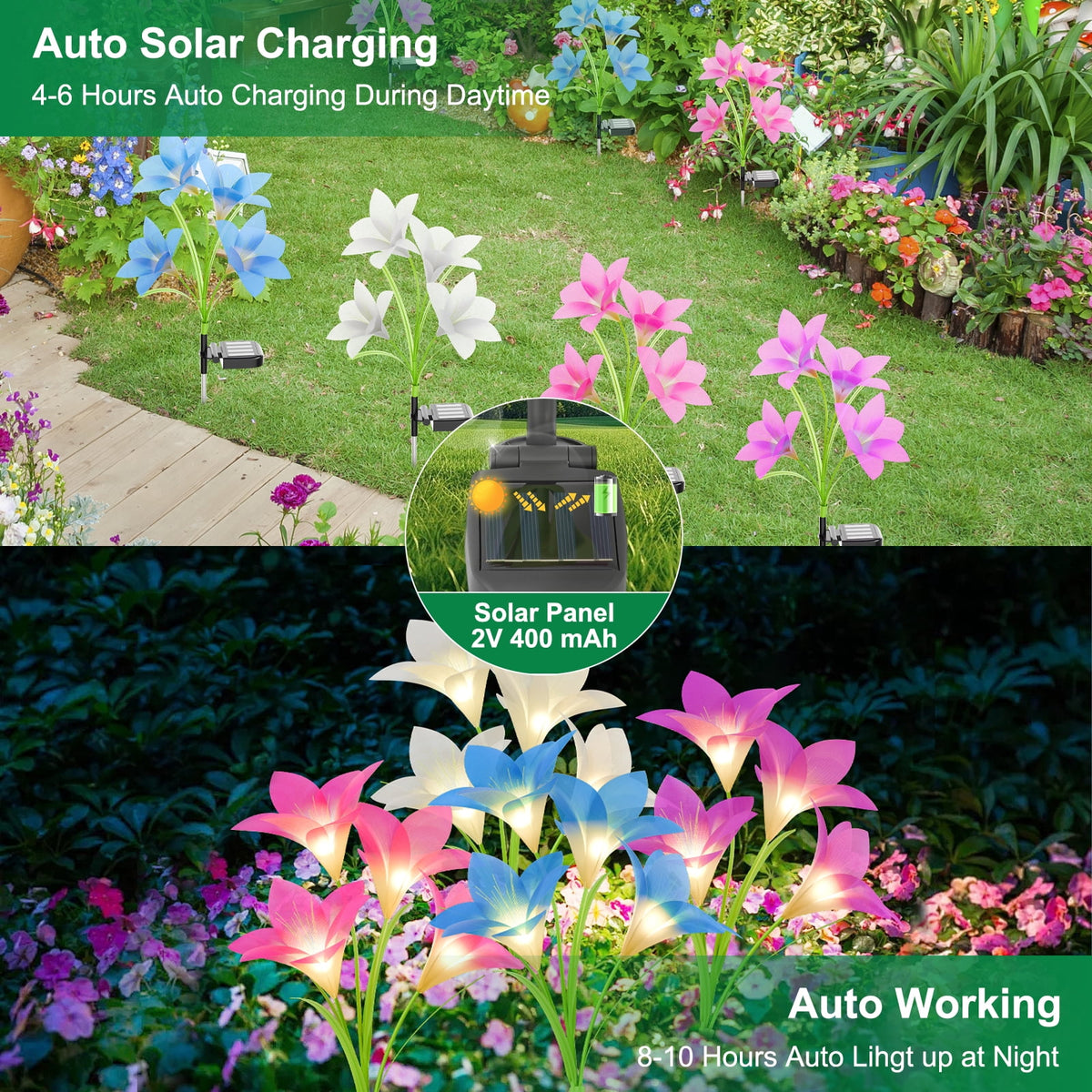 Solar Garden Lights Outdoor, 6 Packs Solar Lily Flower Lights Waterproof, Color Changing LED Solar Lights Outdoor Decorative, Bigger Solar Panel for Outside Patio Garden Pathway Yard Decoration