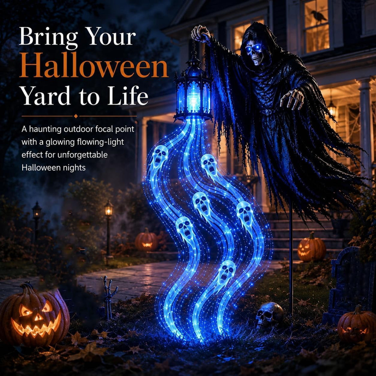 1PC Halloween Soul Harvester Iron Garden Stake Light Halloween Decor, 31.5 Inch Grim Reaper Figurine with Glowing Gothic Silhouette, Solar Powered Waterproof Outdoor Lamp for Yard and Patio