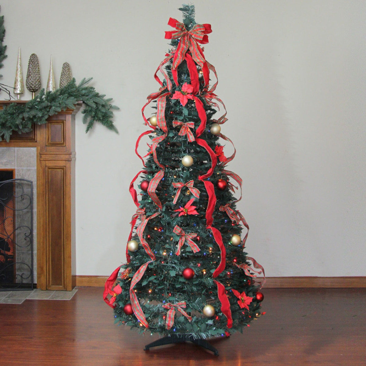 Northlight Multi-Color Prelit Incandescent Green Full Decorated Pop Up Christmas Tree, 6'