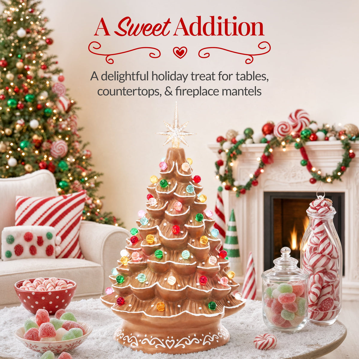 Best Choice Products 15in Ceramic Christmas Tree, Pre-lit Hand-Painted Tabletop Holiday Tree, Gingerbread Red/White/Grn