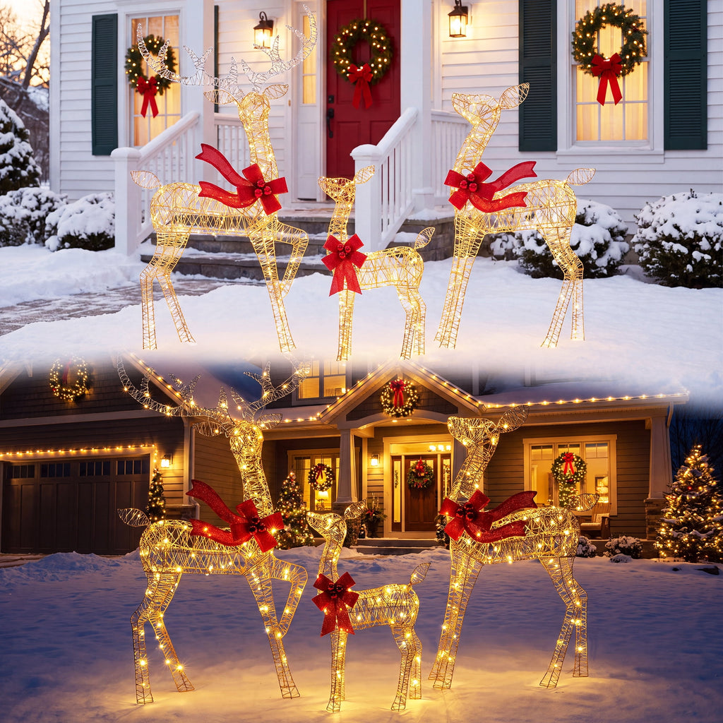FOOWIN 3-Piece Large Christmas Deer Family, Lighted Outdoor Christmas Decoration, Champagne Gold