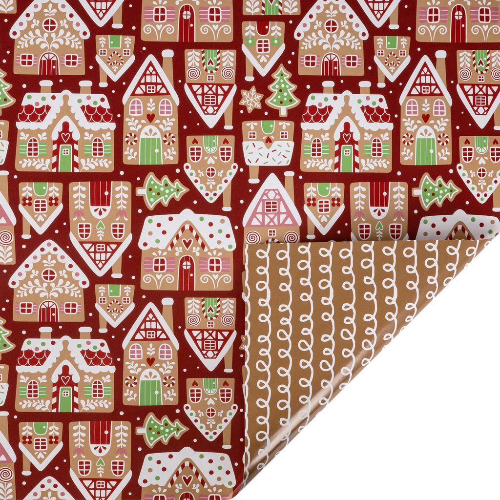 LaRibbons Christmas Wrapping Paper, 30" x 10' Holiday Reversible Gift Wrap Kit, Gingerbread Season