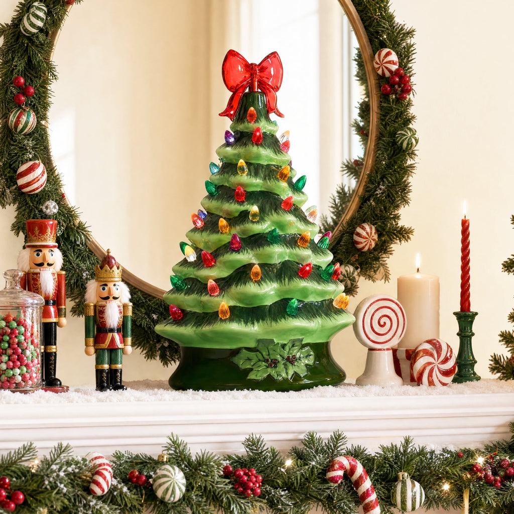 Best Choice Products 15in Ceramic Christmas Tree, Pre-lit Hand-Painted Tabletop Holiday Tree, Gingerbread Red/White/Grn