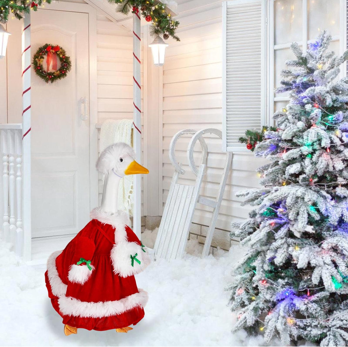 Aurorax Christmas Goose Clothes for Cement Goose Porch Goose 23"/17",Porch Goose Outfit 19 inch,Red Holiday Porch Goose Clothing Accessories for Garden Lawn Yard