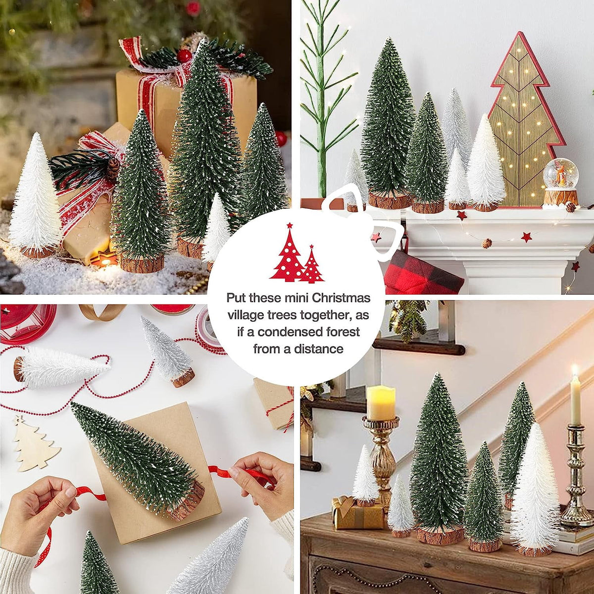 Ayieyill 9Pcs Mini Christmas Trees Christmas Decor Artificial Christmas Decorations with 4 Sizes, Christmas Tree Bottle Brush Trees Christmas Table Decorations (Pink+White)