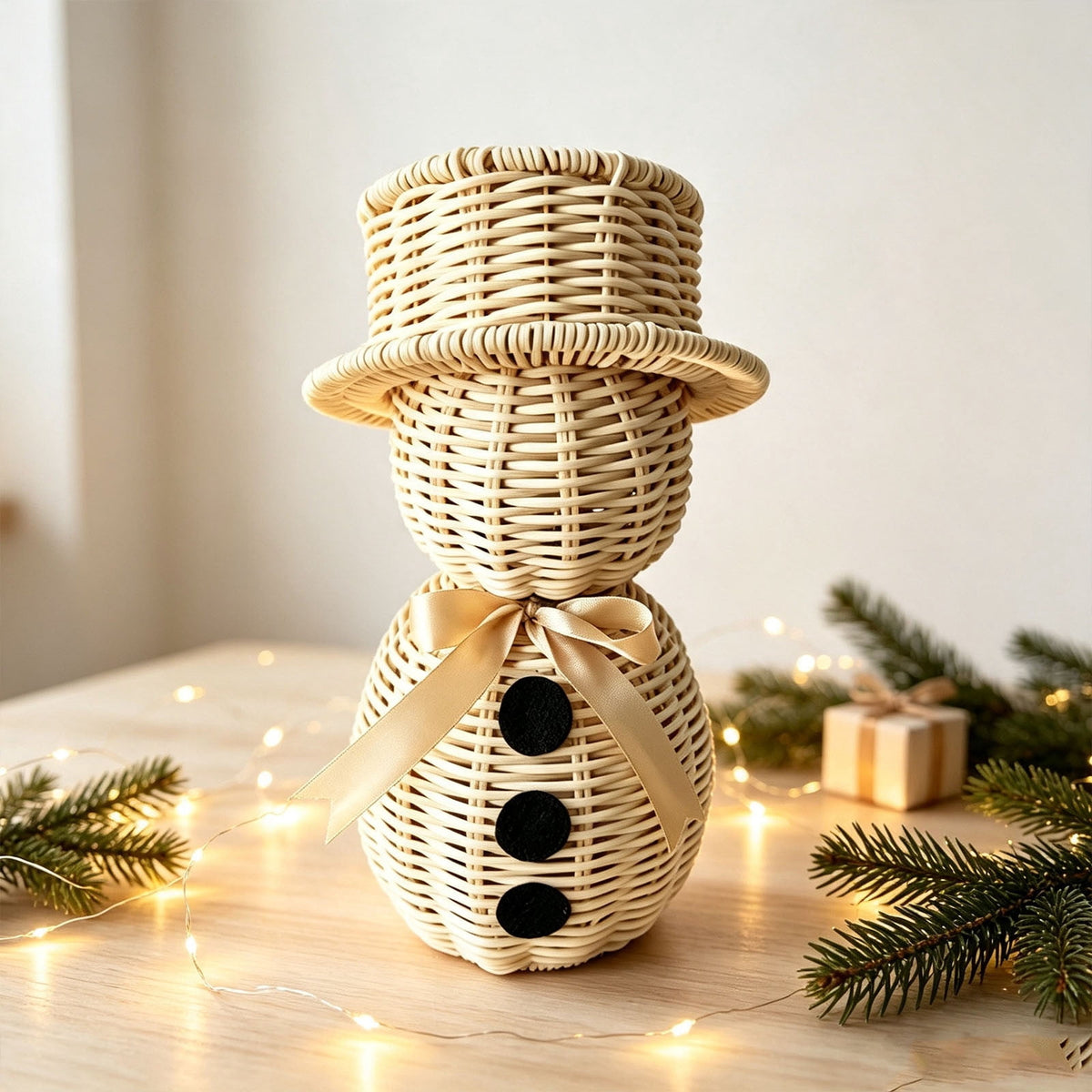 FeiBiQiuBi 14.9" Resin Rattan Style Snowman, Rustic Snowman Decorations with Bow, Woven Natural Style Freestanding Design Winter Farmhouse Decor for Home Kitchen Garden, Holiday Table Mantel Decor