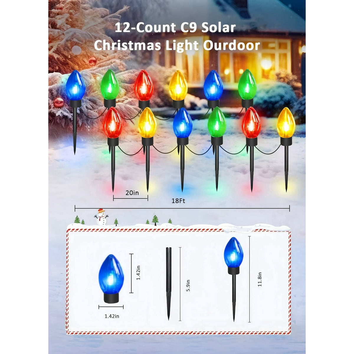 PMMIPNW Upgrade Christmas Pathway C9 String Lights Outdoor, 25 Ft with 12 Large Bulbs Stakes, Waterproof for Xmas Party Holiday Commercial Outdoor Decoration