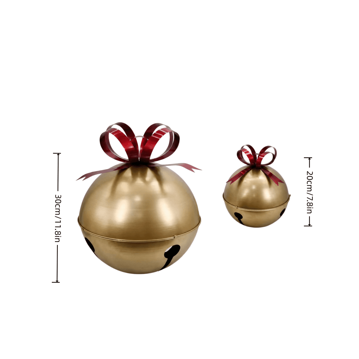 Luckky Oversized Gold Christmas Jingle Bell Ornament with Red Bow, Large Metal Sleigh Bell Decor, Giant Decorative Bell for Porch, Yard, Indoor Outdoor Christmas Holiday Display, Set Of 2