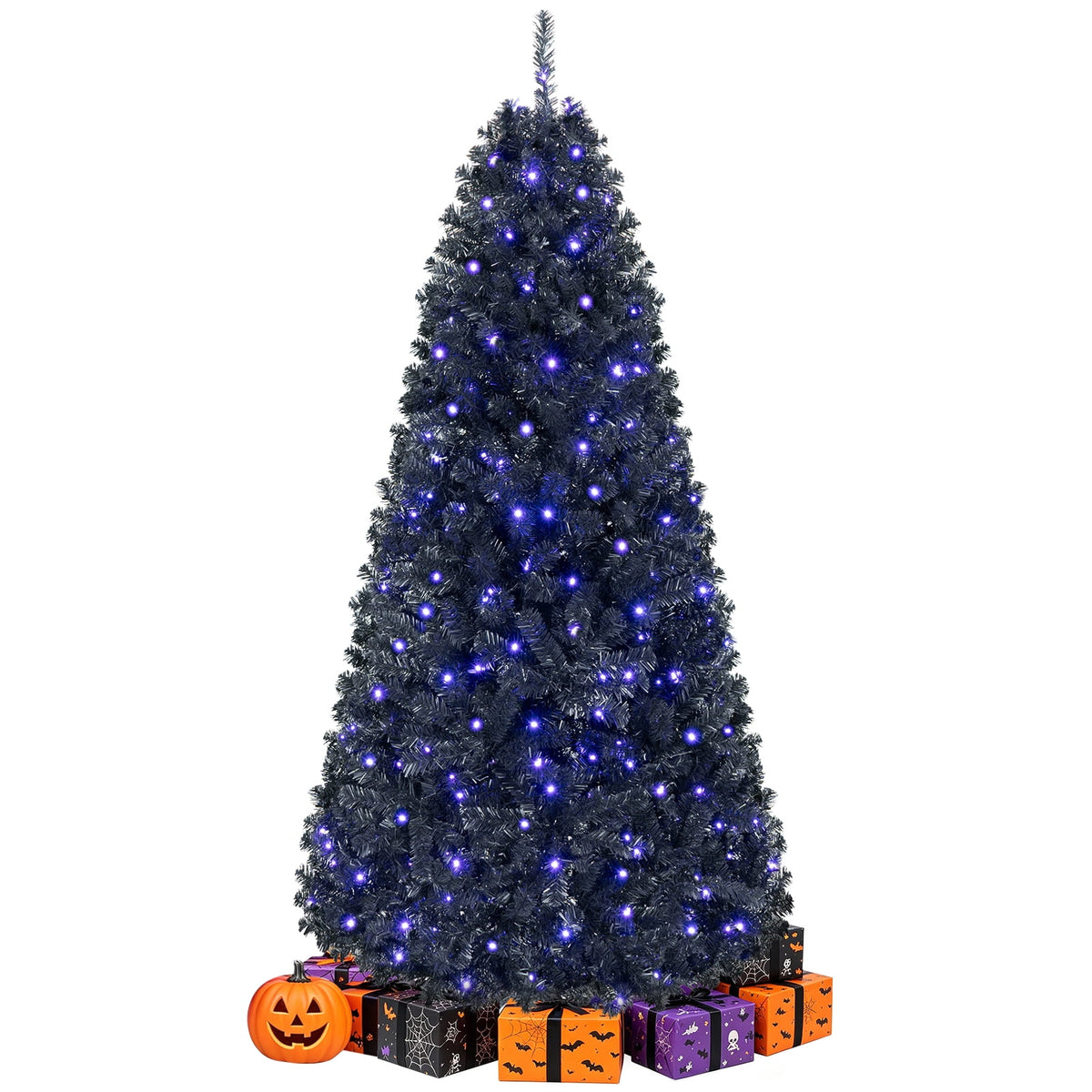 Gymax 6 FT Pre-Lit Black Halloween Christmas Tree Full Artificial Hinged Tree