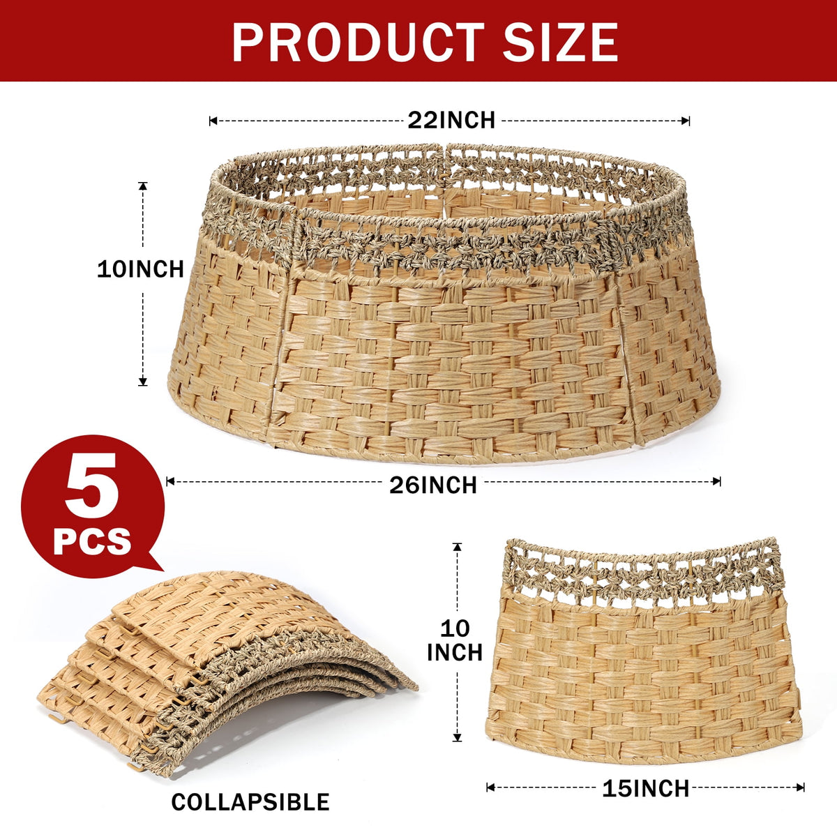 Ayieyill 26in Christmas Tree Collar, Handmade Woven Tree Collar, Christmas Tree Skirt for Artificial Trees | Wooden | Brown