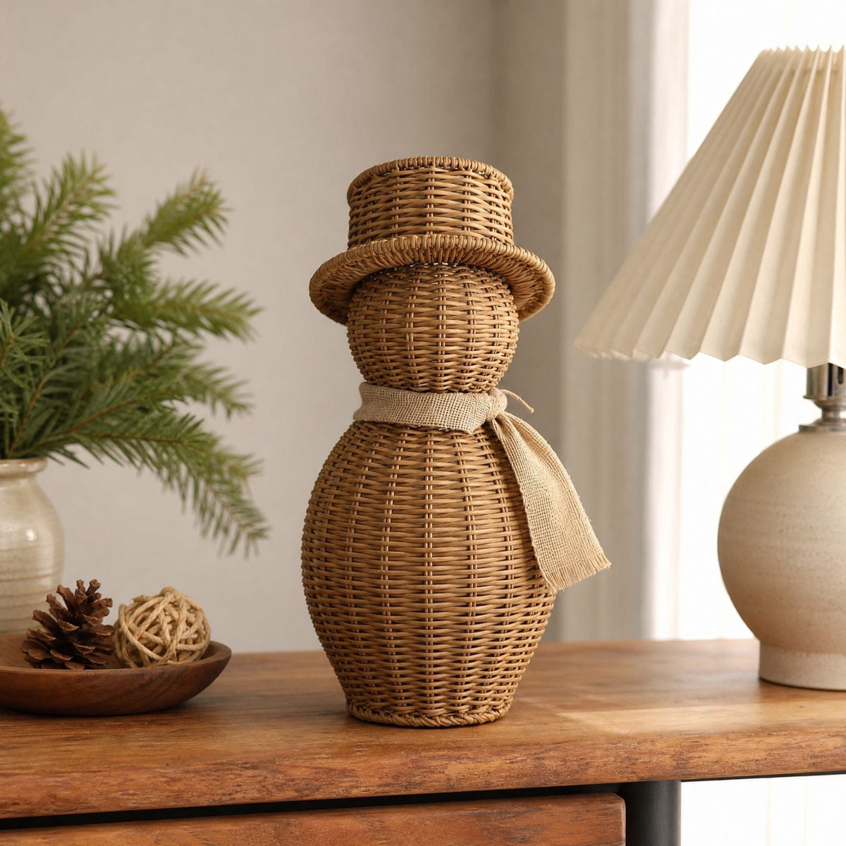 FeiBiQiuBi 14.9" Resin Rattan Style Snowman, Rustic Snowman Decorations with Bow, Woven Natural Style Freestanding Design Winter Farmhouse Decor for Home Kitchen Garden, Holiday Table Mantel Decor