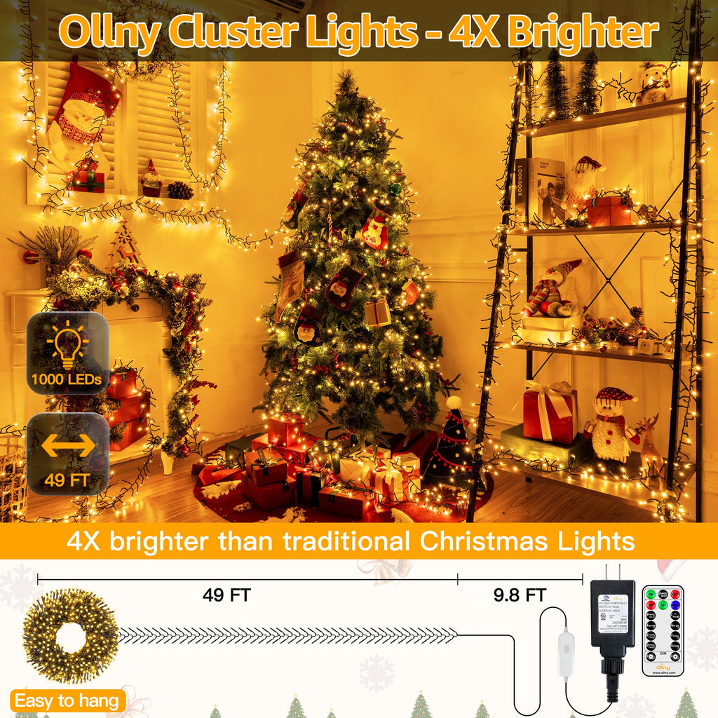 Ollny 20ft 400 LED Cluster Lights, 8 Lighting Modes with Remote Control Waterproof Indoor Outdoor Christmas Cluster Lights for Decorations