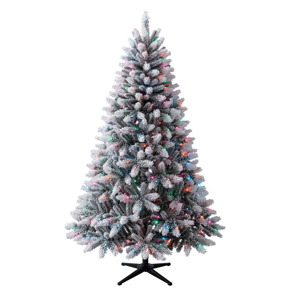 6.5' Pre-Lit Brewster Pine Snow-Flocked Green Artificial Christmas Tree with LumaDazzle Color-Changing Twinkle LED Lights and Stand, by Holiday Time
