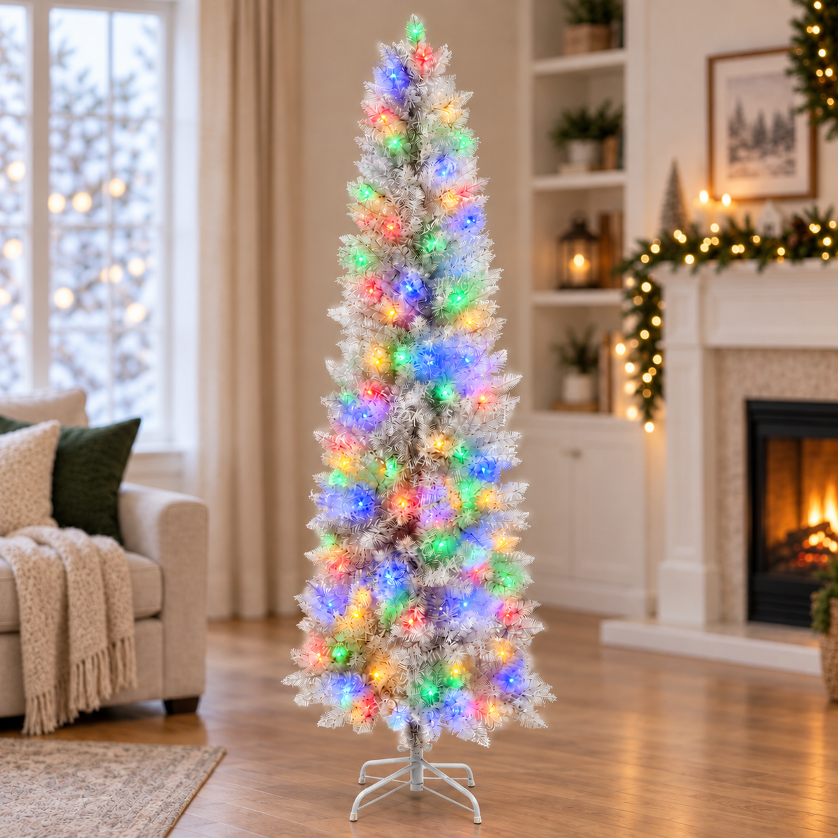 TENSAKEE 6 ft White Pencil Christmas Tree, Slim Pre-Lit Snow Flocked Artificial Xmas Tree with 571 Branch Tips, Party Decor
