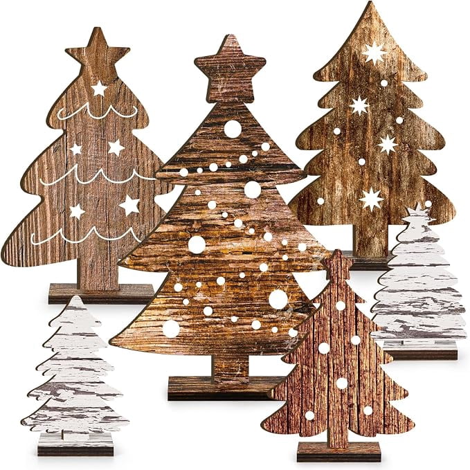 6 Piece Wooden Christmas Tree Tabletop Decor 6 Sizes Rustic Tiered Tray Centerpieces