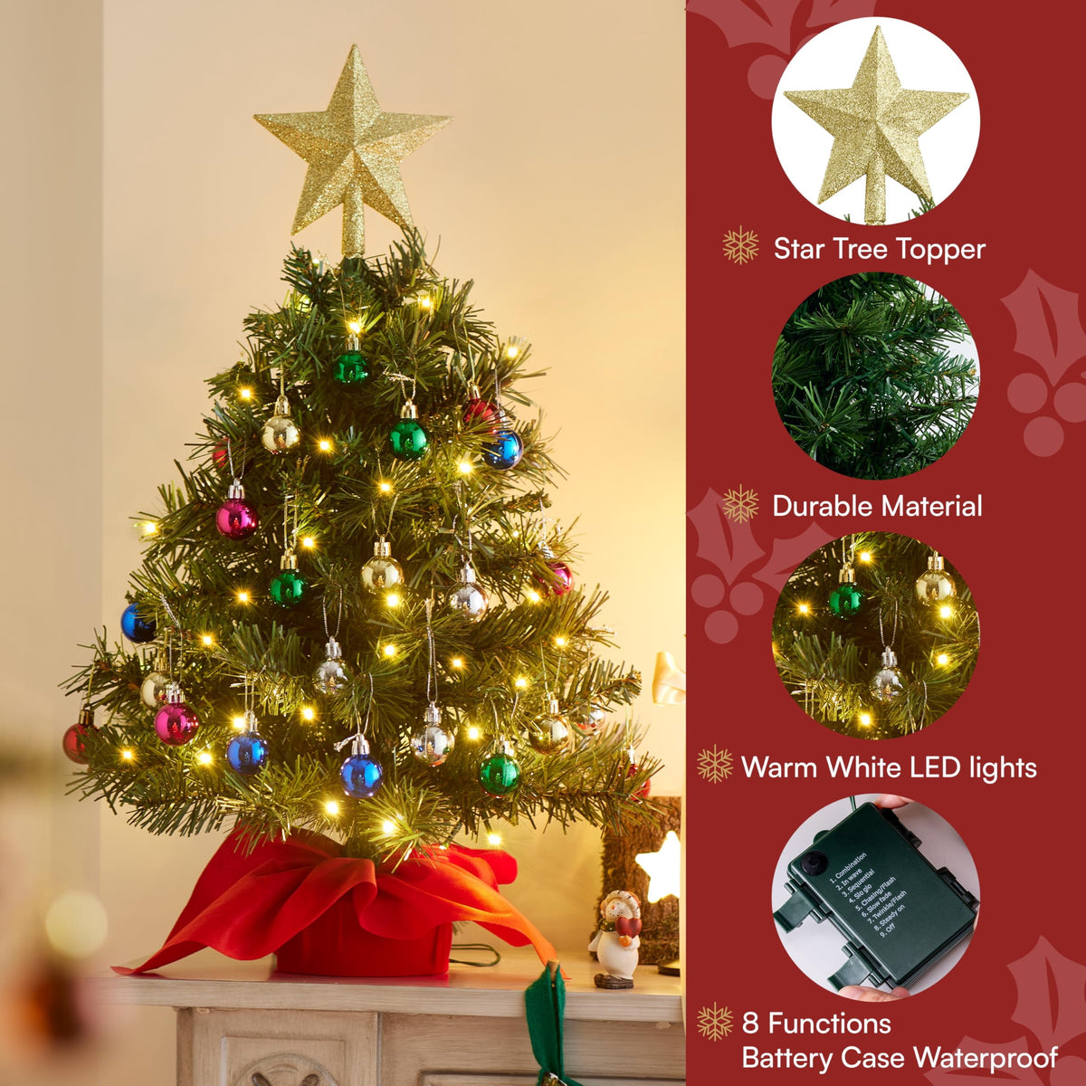 Joyfy 24"/2.4 FT Tabletop Small Christmas Tree with Lights, Prelit Artificial Mini Xmas Tree Set with Star and Ornaments for Party Decorations