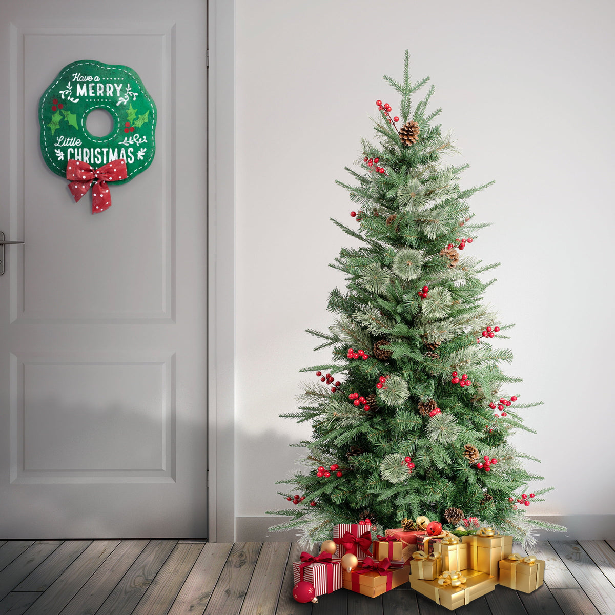 National Tree Company 4.5 ft. Feel Real® Artificial Christmas Tree, Green, Virginia Pine, Red Berries, Pine Cones, Includes Stand