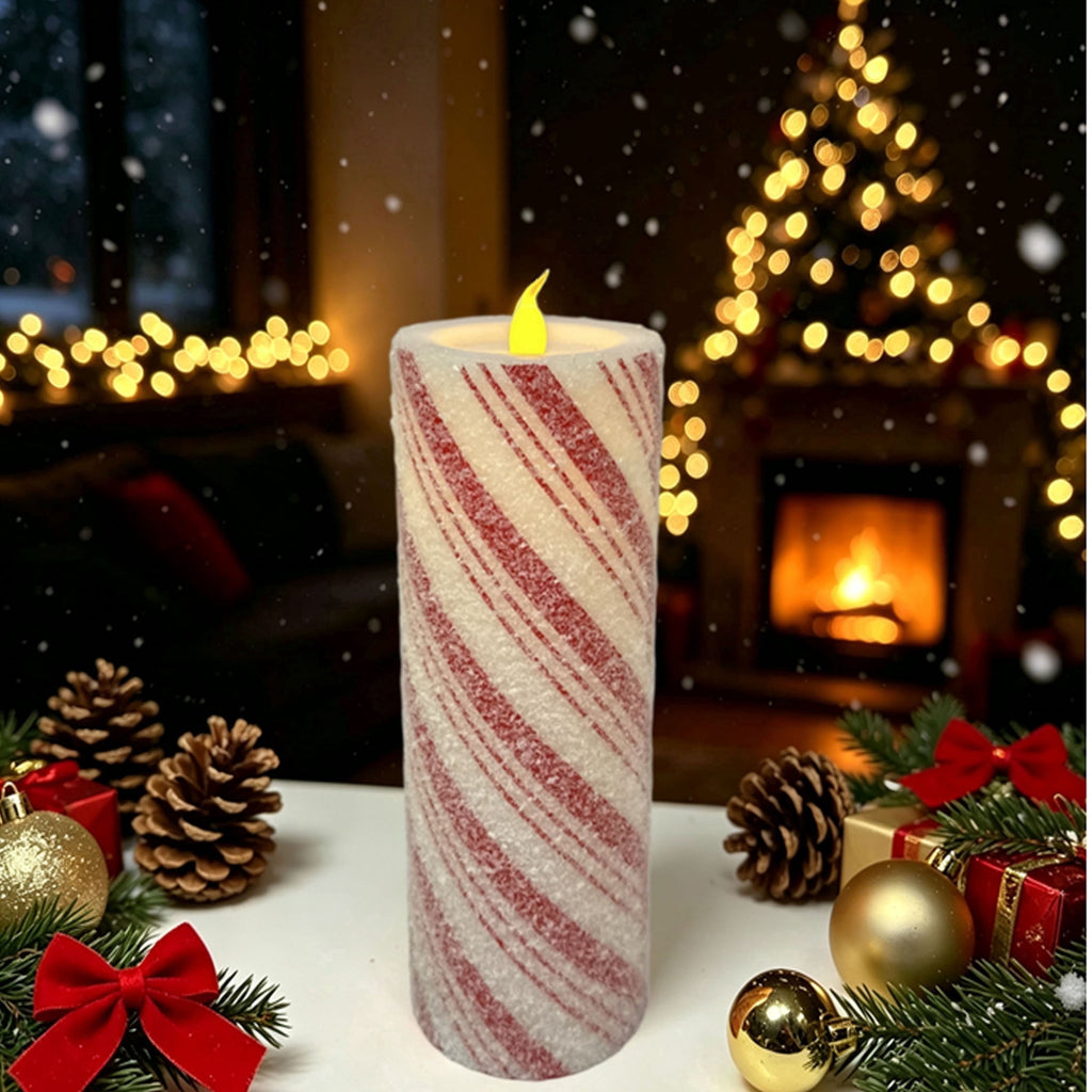 Indoor Battery-Operated LED Plastic Flameless Candy Cane Christmas Pillar Candle, Red and White, 8.7", by Holiday Time