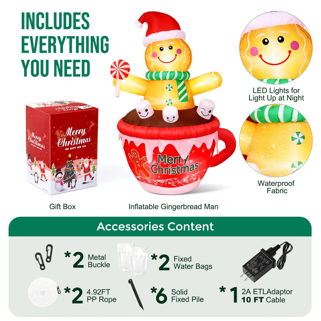 Ayieyill 7FT Inflatables Christmas Outdoor Decoration Cup Gingerbread Man with LED, Outdoor Christmas Decoration