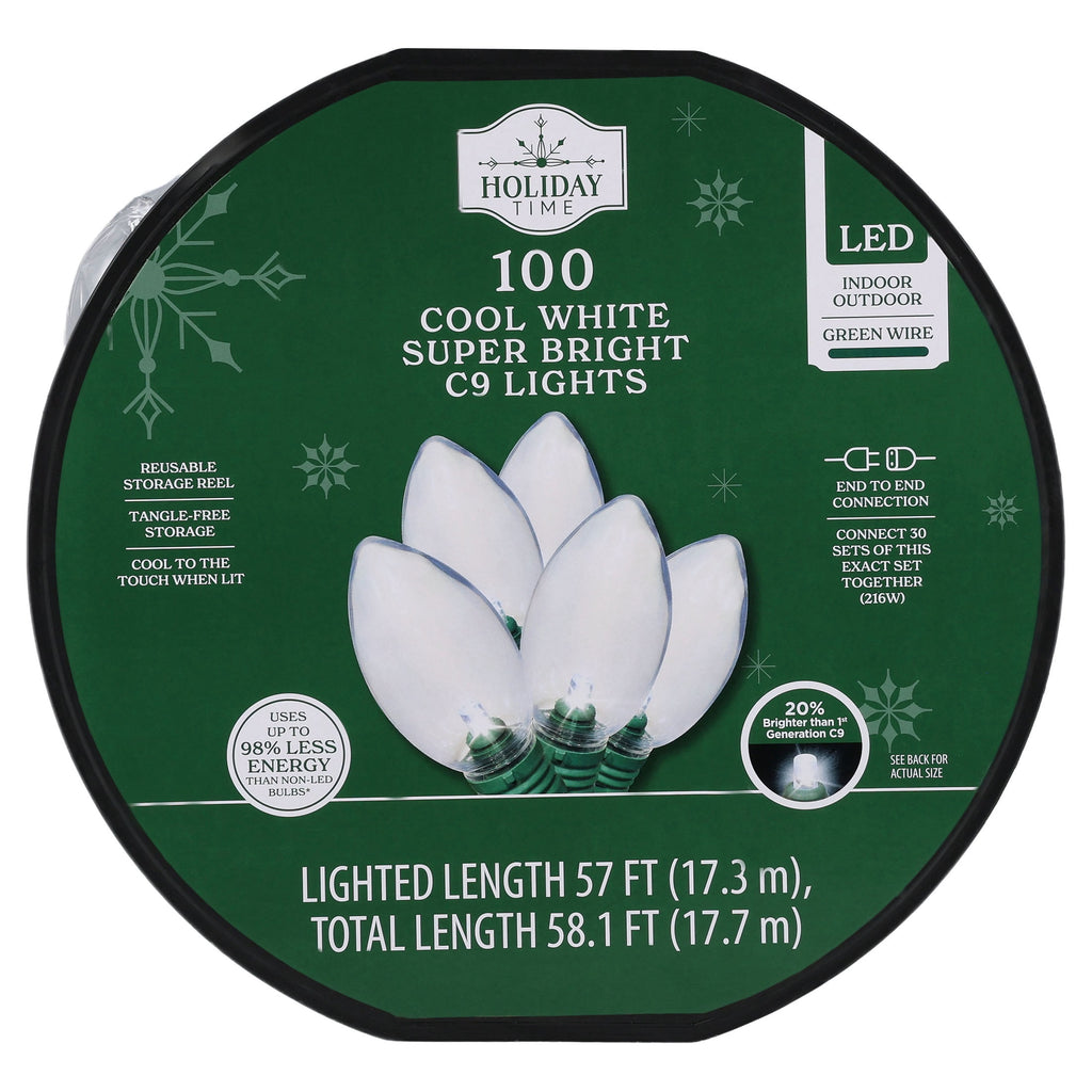 Indoor/Outdoor 100-Count LED Smooth C9 Christmas String Lights, Multicolor, Green Wire, 57', by Holiday Time