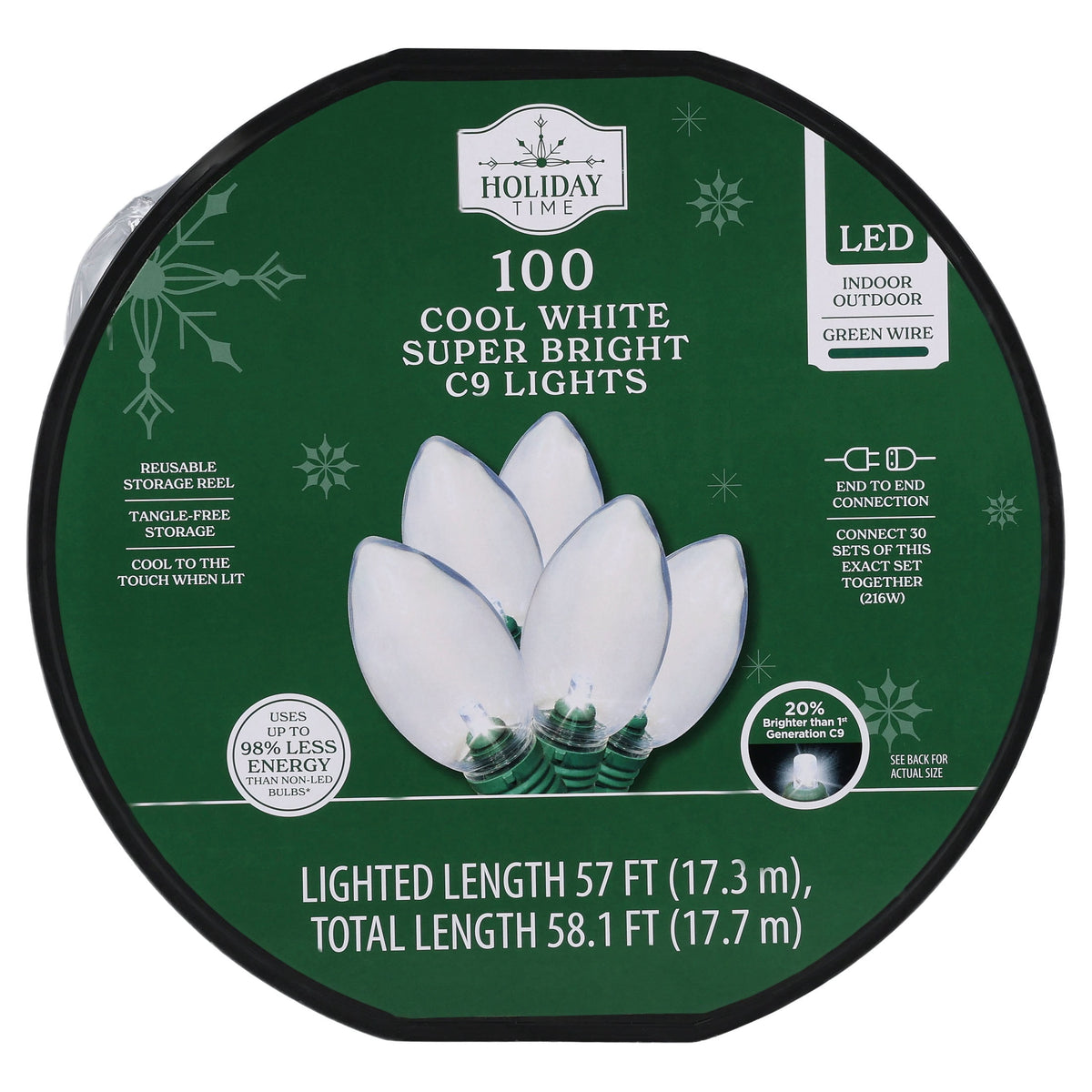 Indoor/Outdoor 100-Count LED Smooth C9 Christmas String Lights, Multicolor, Green Wire, 57', by Holiday Time