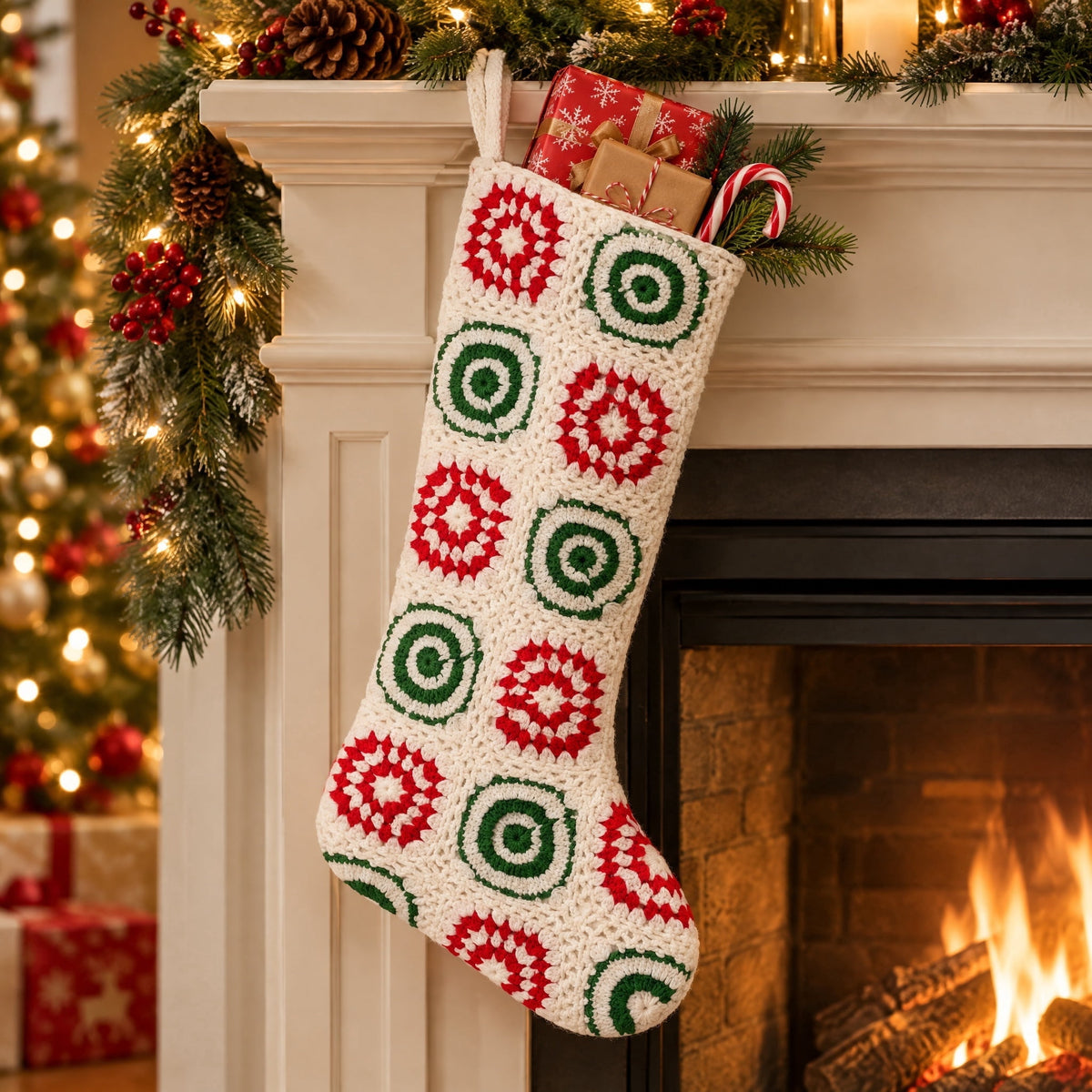 Crochet Christmas Stocking, White/Red/Green, 19", by Holiday Time