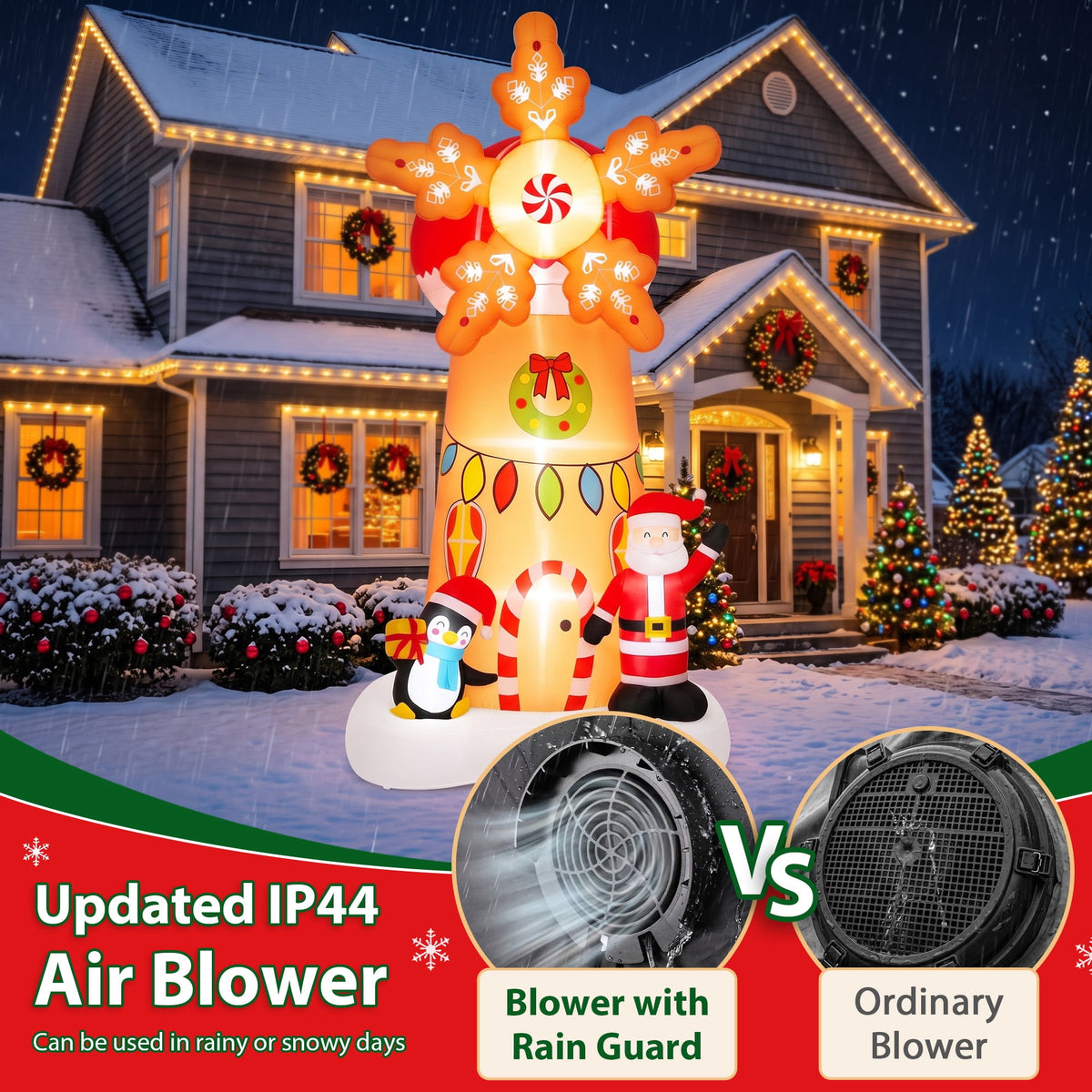 Firstness 7.7Ft High Christmas Inflatables Spinning Windmill with Santa and Penguin, Christmas Blow ups with LED Lights, Outdoor Yard Decoration