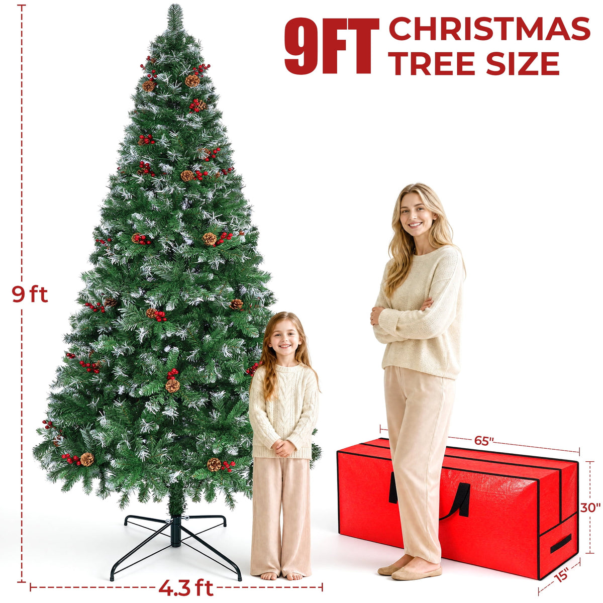 Firstness 6ft Pre-Lit Artificial Christmas Tree with Storage Bag, Warm & Multicolor Xmas Tree with 975 Branch Tips,Pine Cones + Red Berries