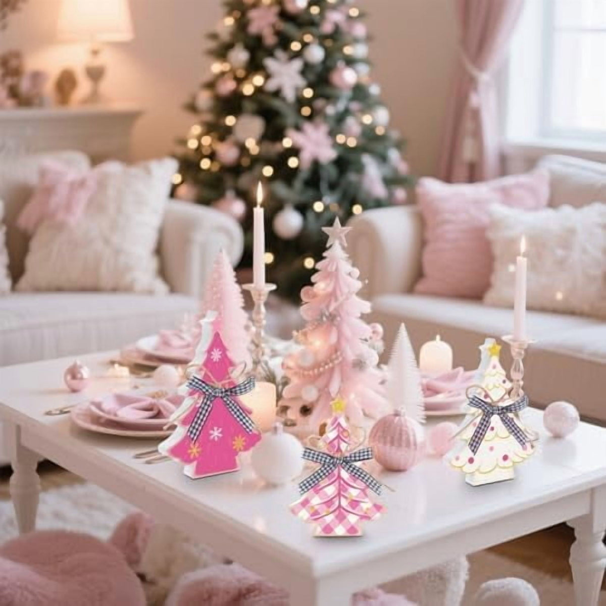 3 Piece Pink Wooden Christmas Tree Tabletop Decorations Rustic Farmhouse Holiday Centerpieces