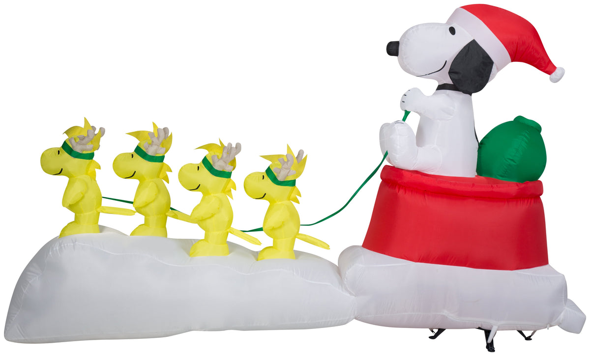 Peanuts Airblown Inflatable Snoopy in Dog Bowl Sleigh w/Woodstocks Scene Peanuts, 5 ft Tall