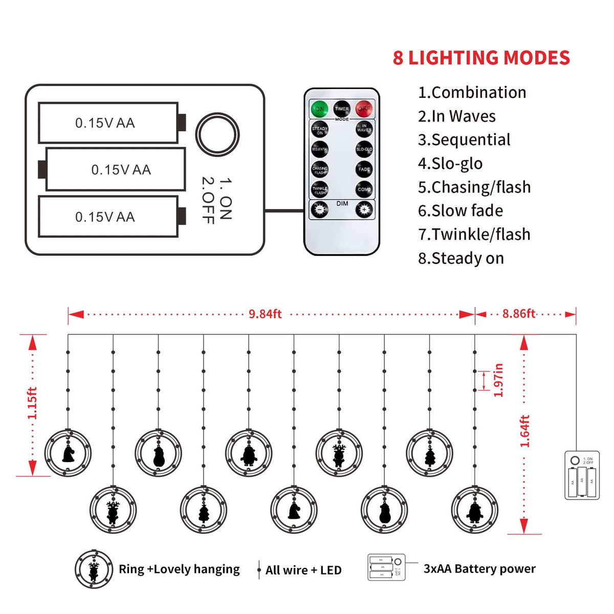 WILLED Christmas String Lights, 120 LED Window Curtain Lights with Christmas Ornaments, 9.8ft USB Powered Warm White Waterproof Fairy Lights Indoor Outdoor for Xmas Tree Patio Garden Party Home Decor