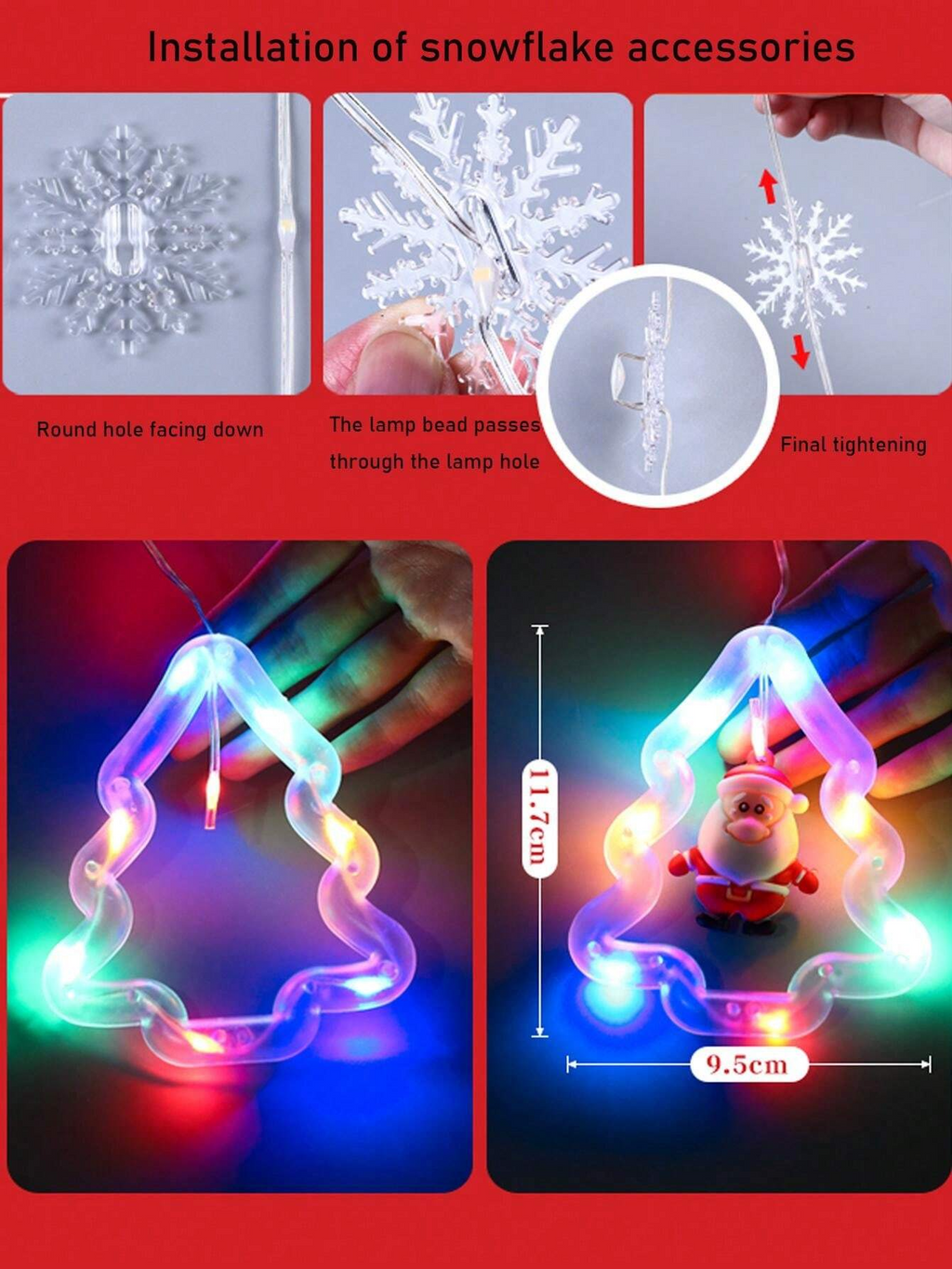 WILLED Christmas String Lights, 120 LED Window Curtain Lights with Christmas Ornaments, 9.8ft USB Powered Warm White Waterproof Fairy Lights Indoor Outdoor for Xmas Tree Patio Garden Party Home Decor