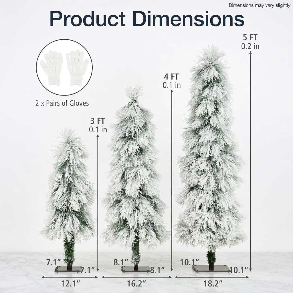 Resenkos 3-Piece Snow Flocked Artificial Christmas Tree Set - LED Lights, Green/White