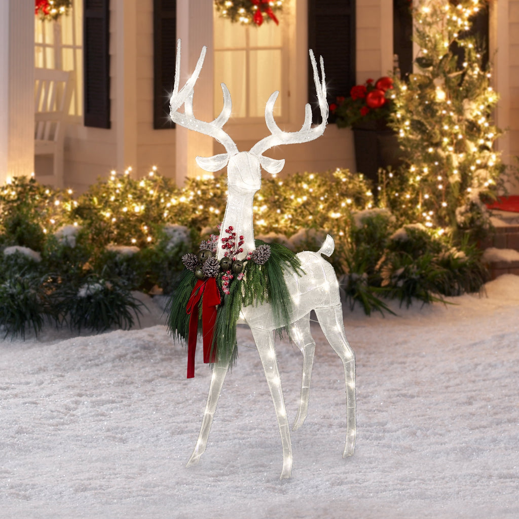 Indoor/Outdoor Lighted Velvet and Frosted Reindeer with Wreath Christmas Decoration with 70 LED Lights, Warm White, 4.95', by Holiday Time