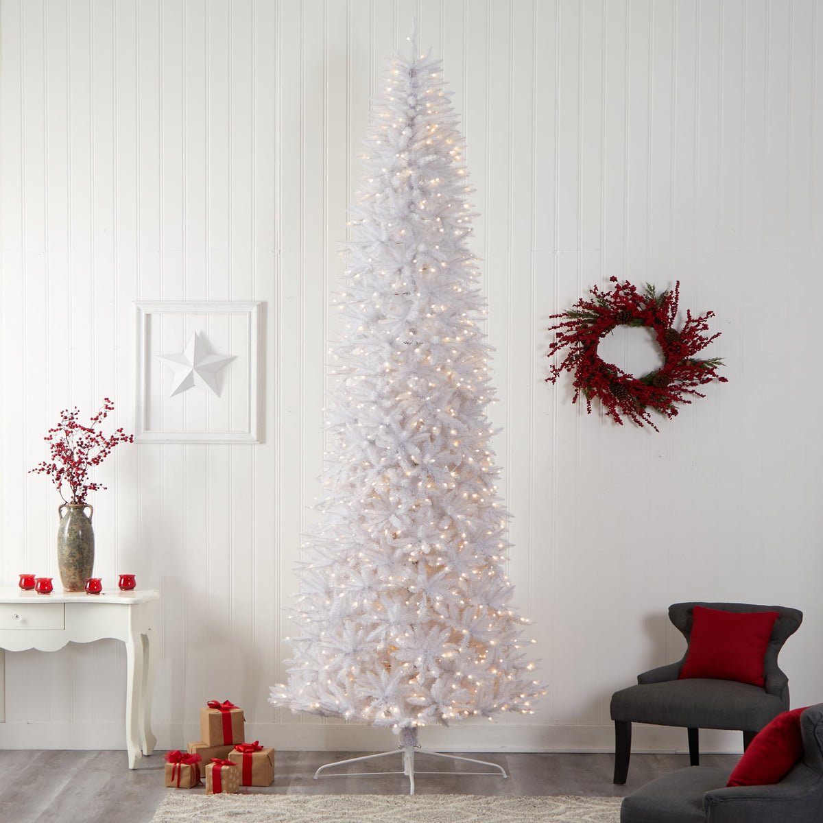 Nearly Natural 3' White Slim Artificial Christmas Tree Prelit 50 Warm White LED Lights