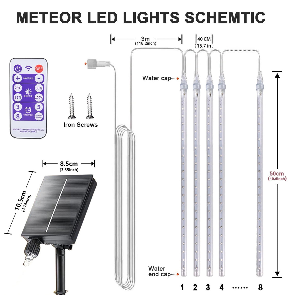 Rirool White Solar Meteor Shower Lights, 20 in 8 Tube 288 LED Raindrop Icicle Lights with Remote Timer, Waterproof Outdoor Snowfall Christmas Wedding Eave Tree Decor for Holiday Yard Patio