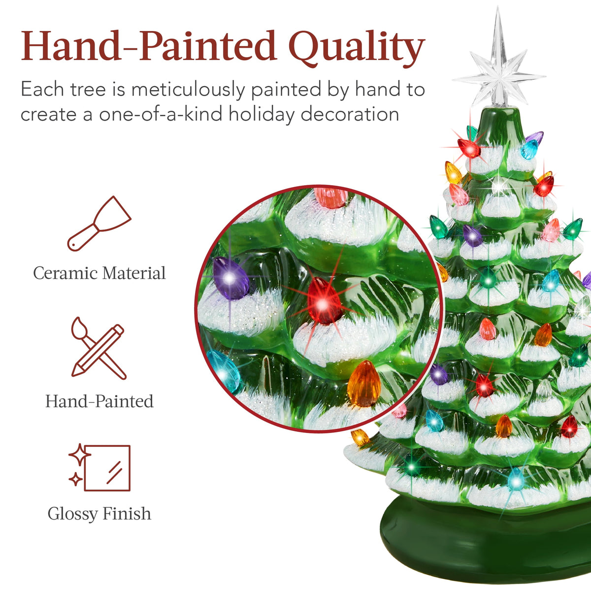 Best Choice Products 15in Ceramic Christmas Tree, Pre-lit Hand-Painted Tabletop Holiday Tree, Gingerbread Red/White/Grn