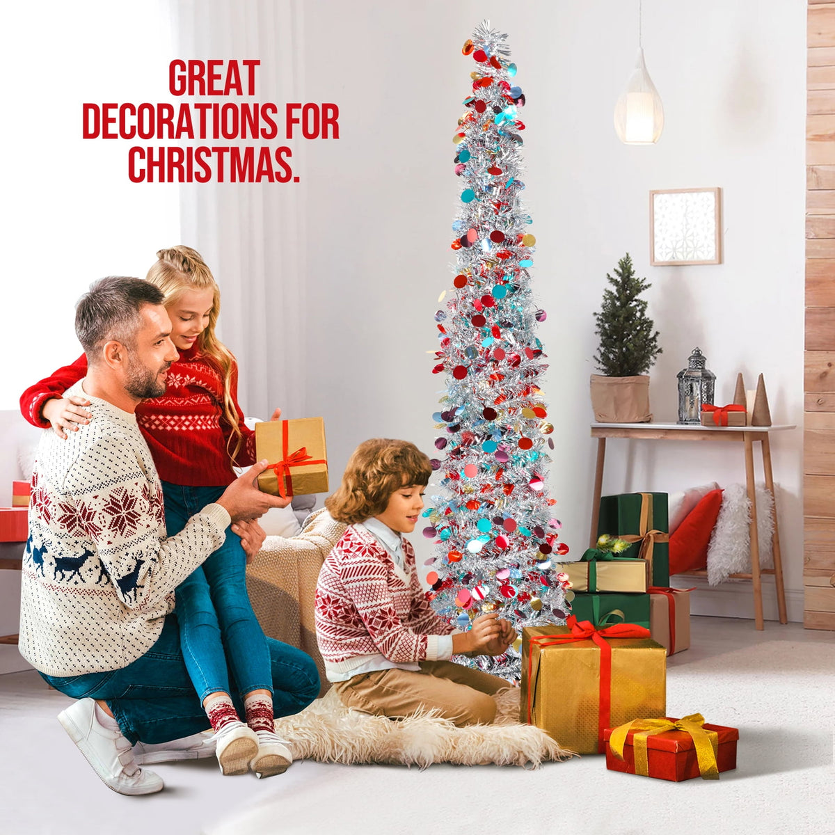 Ayieyill 5ft Pop up Christmas Tree,Color Artificial Pencil Tinsel Xmas Trees for Christmas Indoor Decorations, Collapsible Christmas Tree (Silver)