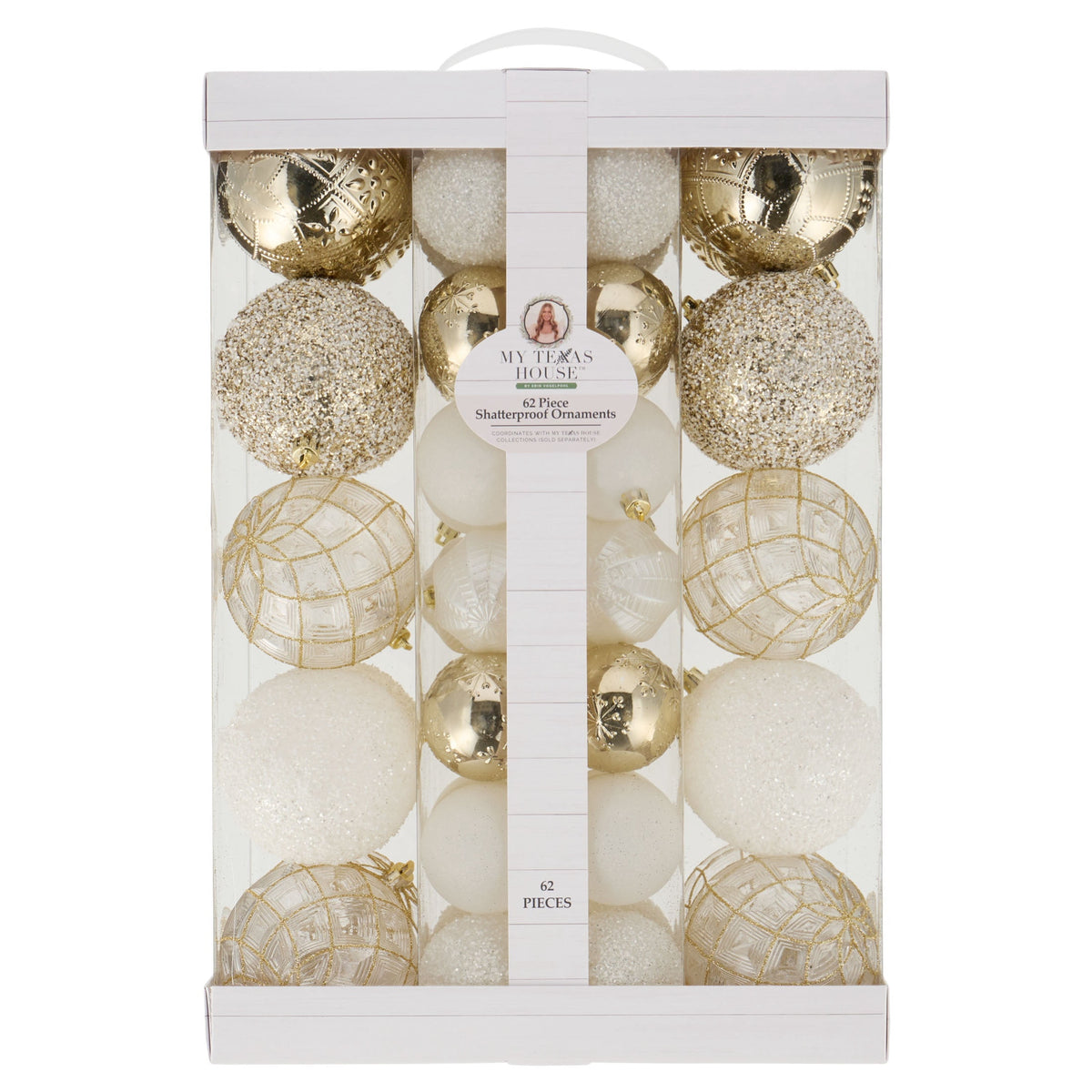 My Texas House 62-Count Gold and White Shatterproof Christmas Ornaments