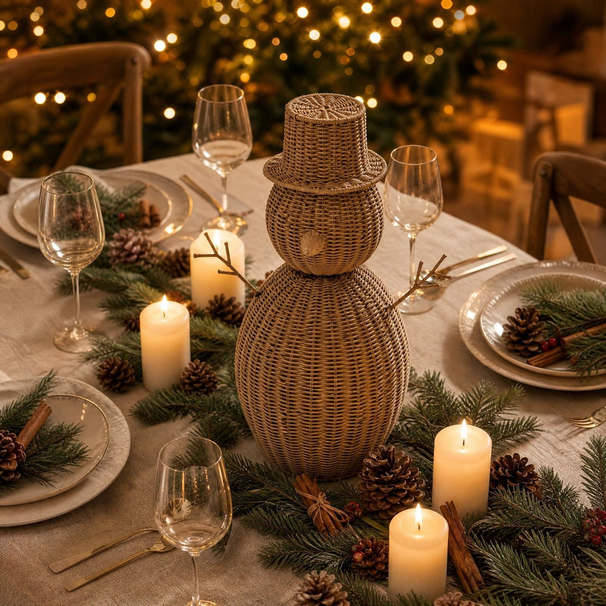 FeiBiQiuBi 14.9" Resin Rattan Style Snowman, Rustic Snowman Decorations with Bow, Woven Natural Style Freestanding Design Winter Farmhouse Decor for Home Kitchen Garden, Holiday Table Mantel Decor