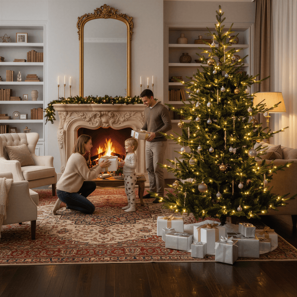 Jingle Joy Blue Ridge Premium Pine Christmas Tree LED Prelit 8 Light Functions, Full Coverage with Dense Branches, Metal Base (9 ft)