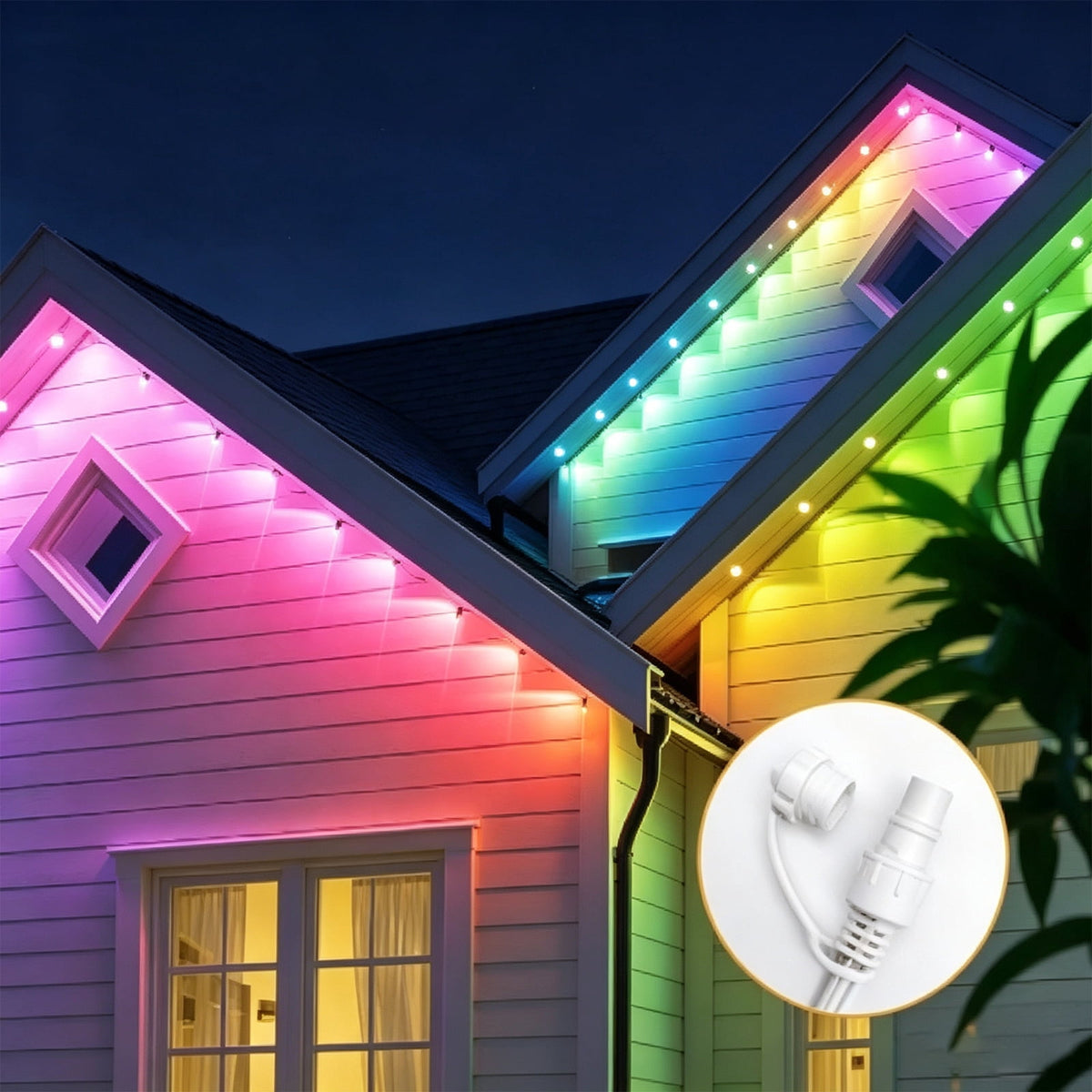 50ft RGB+IC Permanent Outdoor Eaves Lights With App & Remote Control, IP67 Waterproof LED Rain Gutter Lights for Year-Round Christmas Halloween, Valentine's Day, Holiday, Party Outdoor Decor